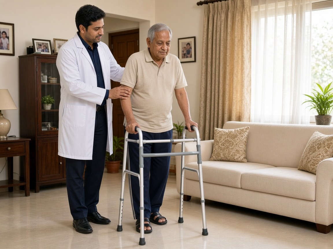 Physiotherapist helping an elderly patient walk at home